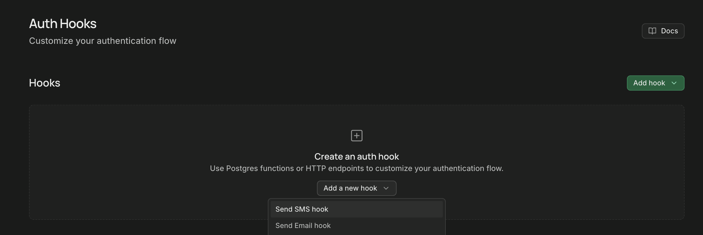 Supabase's Auth Hooks dashboard page, with the Add a new hook menu open showing the Send SMS hook option