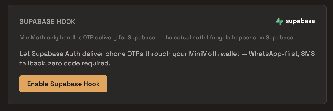 The Supabase Hook card in the MiniMoth dashboard, before it's enabled, with an Enable Supabase Hook button
